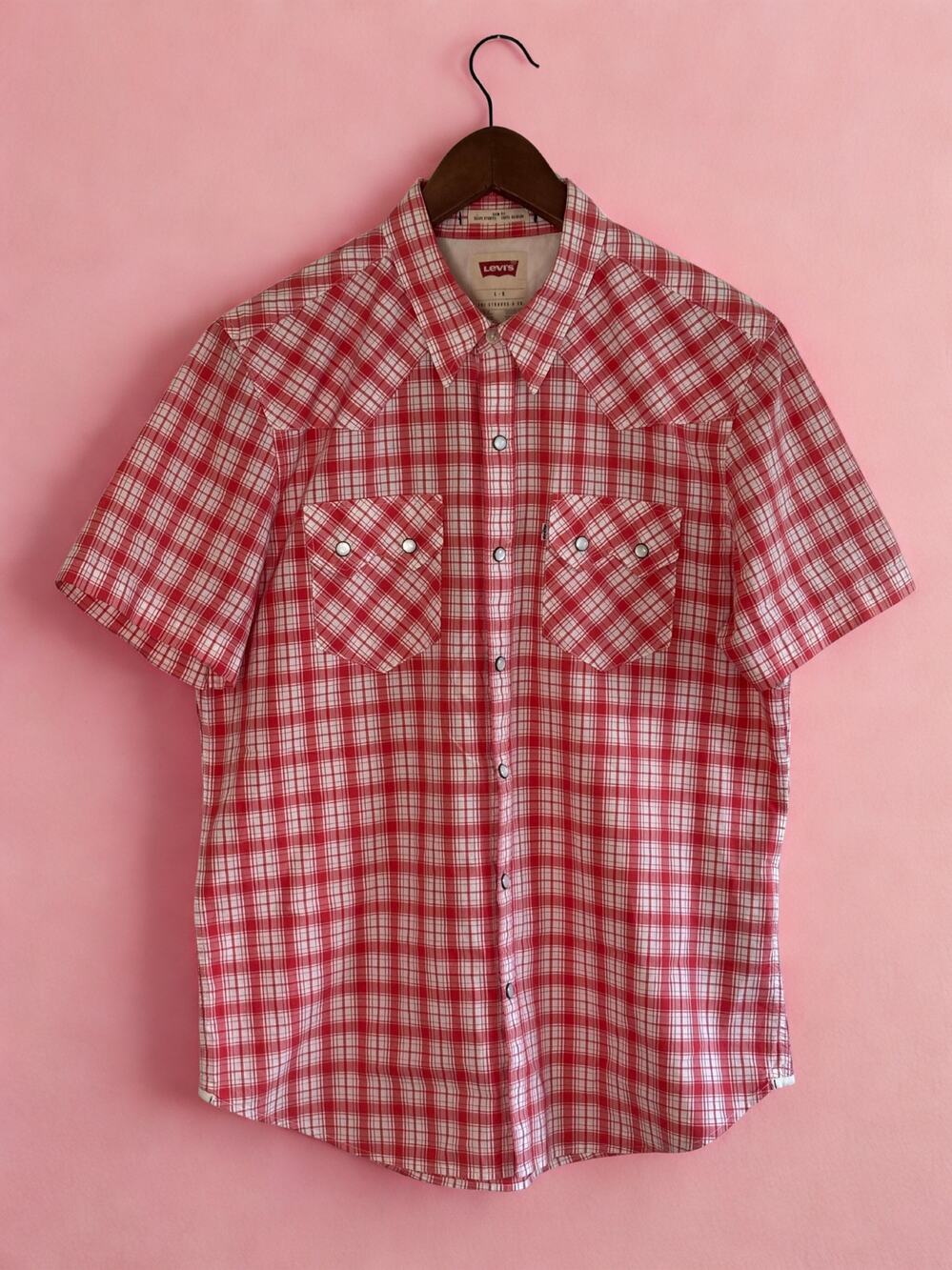 Levi’s Plaid Western Snap Shirt Men’s L Short Sleeve Pearl Snaps Red